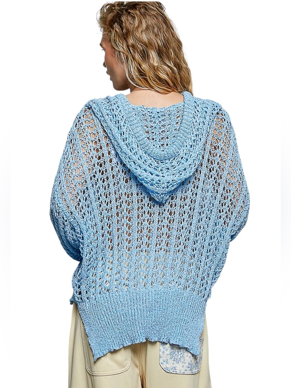 POL Sky Blue Crochet Knit Long Sleeve Hoodie